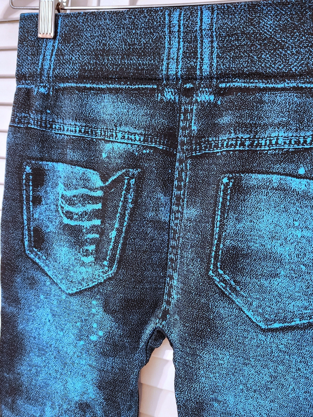 Blue Distressed Jeggings - Stretch Denim-Look Leggings, High Waisted - Picture 8 of 9